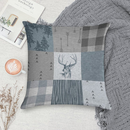 Deer Patchwork - Rustic Blue And Grey Soft Multiple Sizes Throw Pillow