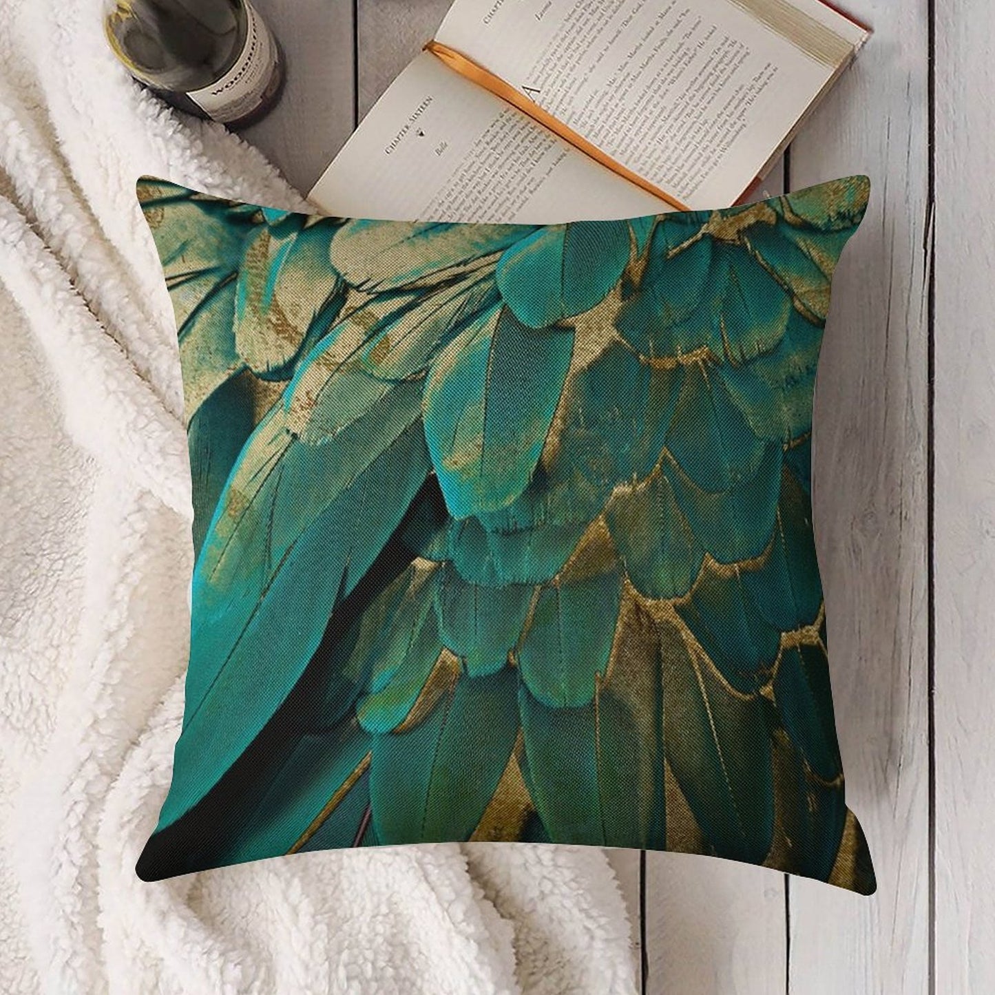 Feather Glitter Teal And Gold Linen Throw Pillow Cover