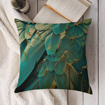 Feather Glitter Teal And Gold Linen Throw Pillow Cover