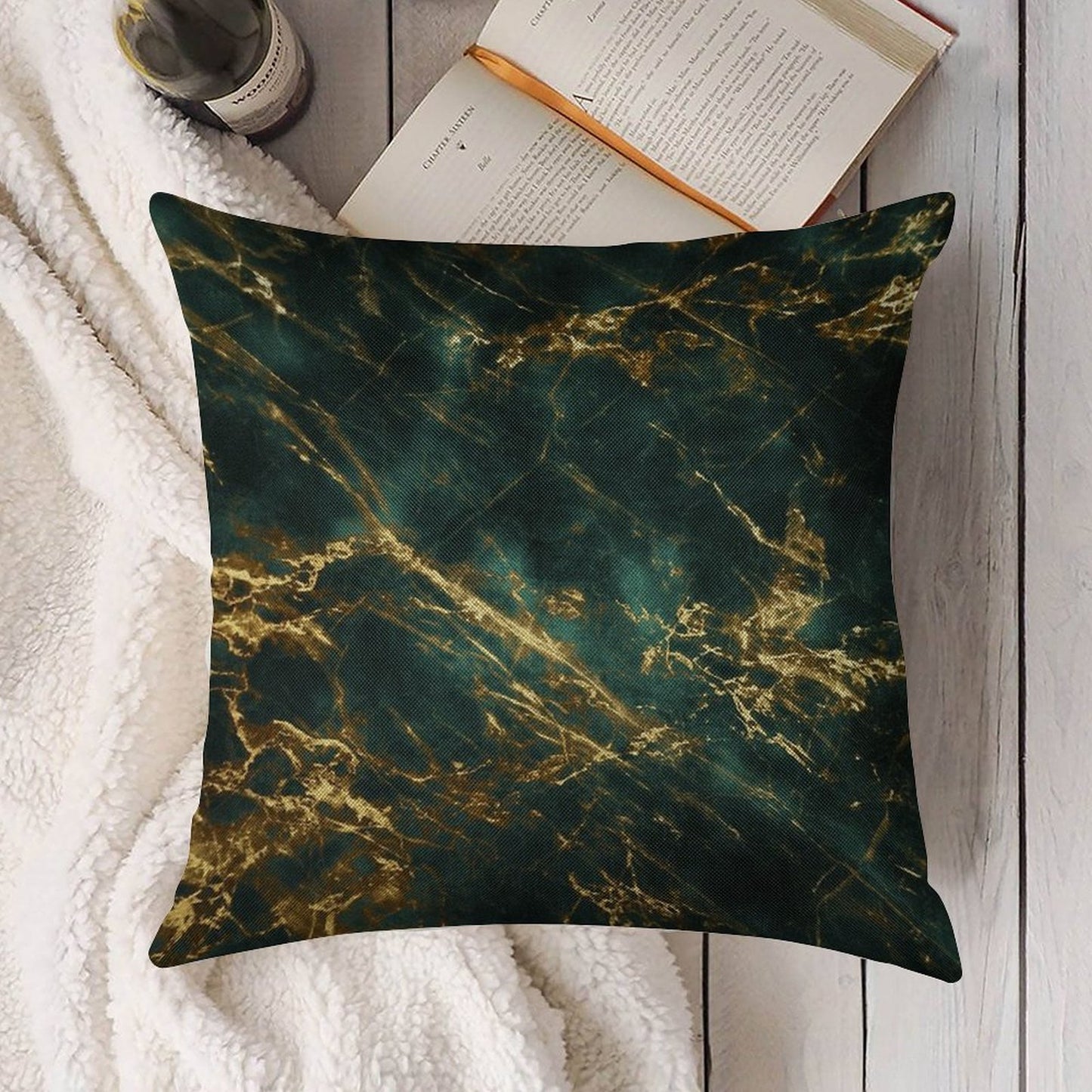 Lavish (Faux) Velvet Green (Faux) Marble With Ornate (Faux) Gold Veins Linen Throw Pillow Cover