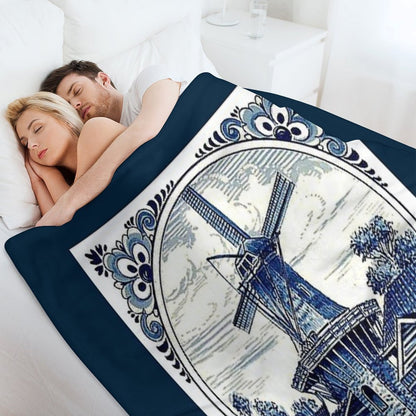 DUTCH BLUE DELFT  Vintage Windmill  Print Throw Blanket