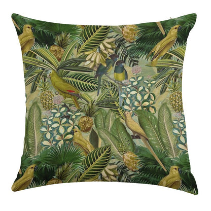 Vintage Green Tropical Bird Jungle Botanical Night Garden Nightgarden Linen Throw Pillow Cover