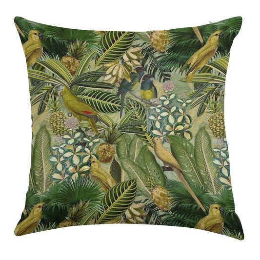 Vintage Green Tropical Bird Jungle Botanical Night Garden Nightgarden Linen Throw Pillow Cover