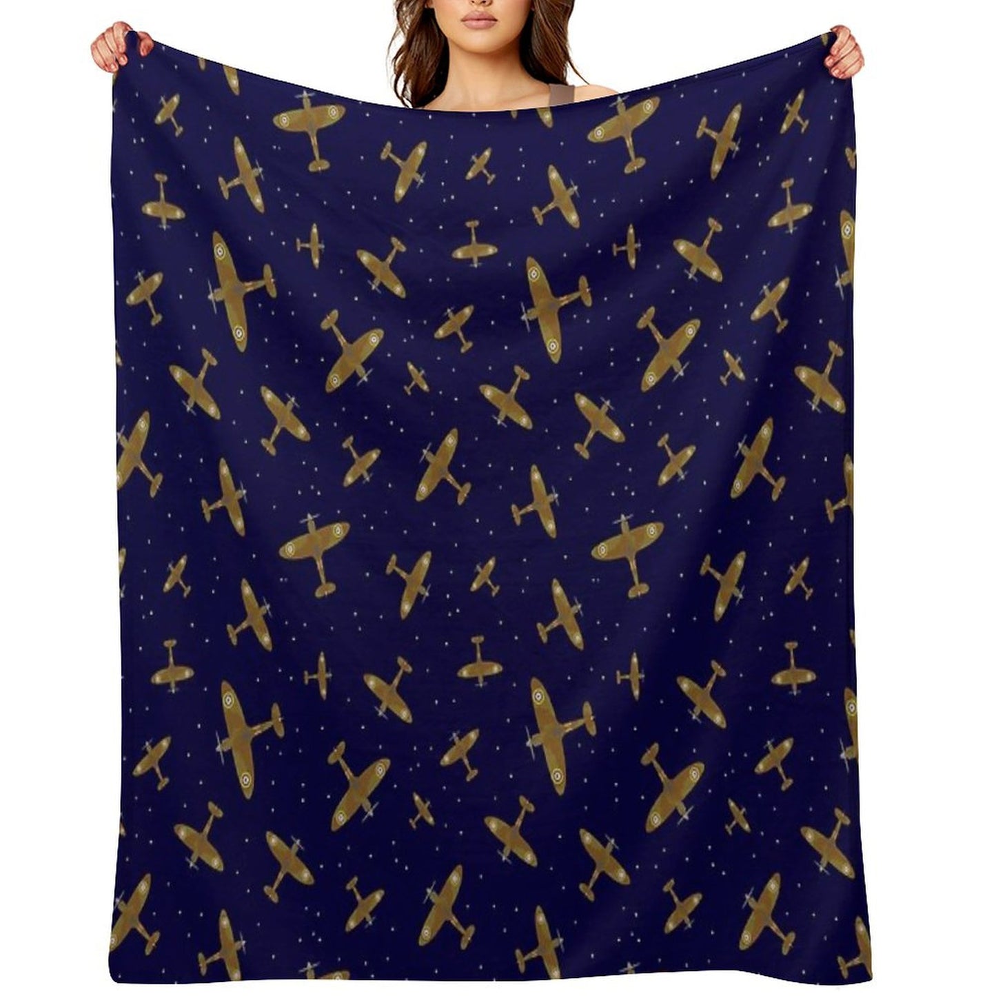 Spitfire War Planes in Flight on Navy Blue Throw Blanket