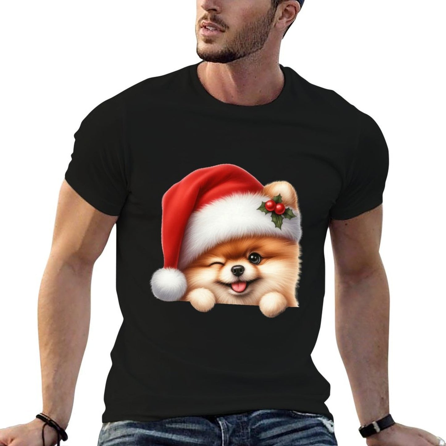 Pomeranian Dog Christmas Santa Hat Dog Mom Dad Pom Pom  Easy-care T-Shirt