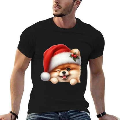 Pomeranian Dog Christmas Santa Hat Dog Mom Dad Pom Pom  Easy-care T-Shirt