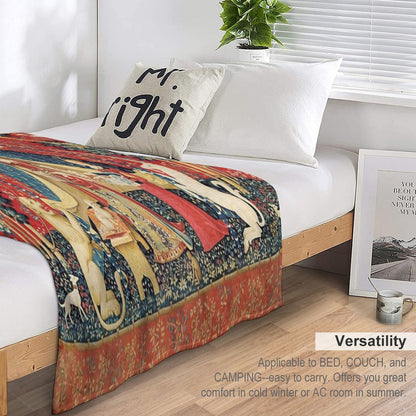 LADY AND THE UNICORN DESIRE ,Lion,Fantasy Flowers,Animals,Red Green Floral Tapestry Throw Blanket