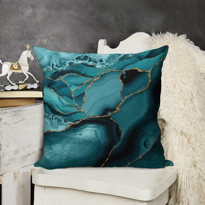 Teal And Gold Faux Marble Landscape Waves Linen Throw Pillow Cover