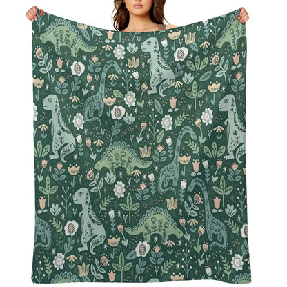 Folk Floral Dinosaur Throw Blanket