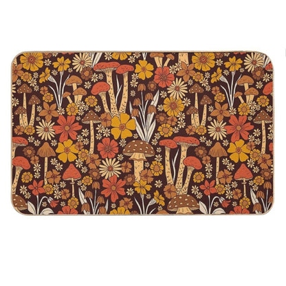 Retro 1970s Brown & Orange Mushrooms & Flowers Bath Mat