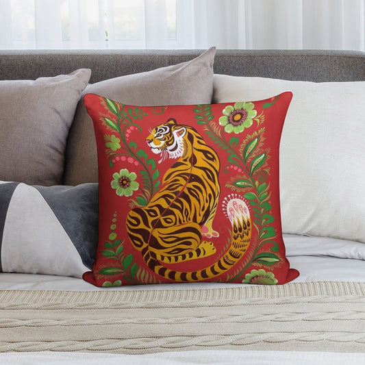 Tiger Folk Art Soft Skin-Friendly Throw Pillow