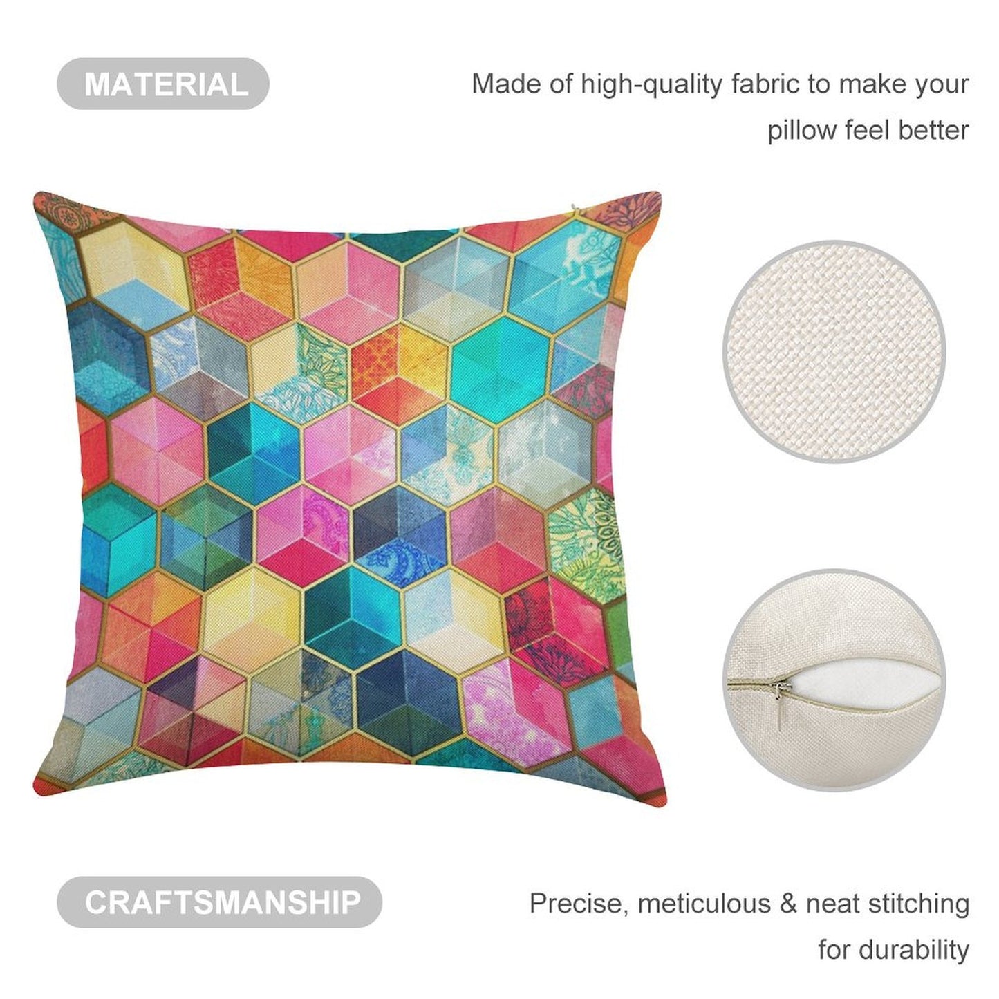 Crystal Bohemian Honeycomb Cubes - Colorful Hexagon Pattern Linen Throw Pillow Cover