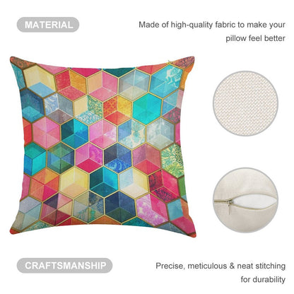 Crystal Bohemian Honeycomb Cubes - Colorful Hexagon Pattern Linen Throw Pillow Cover