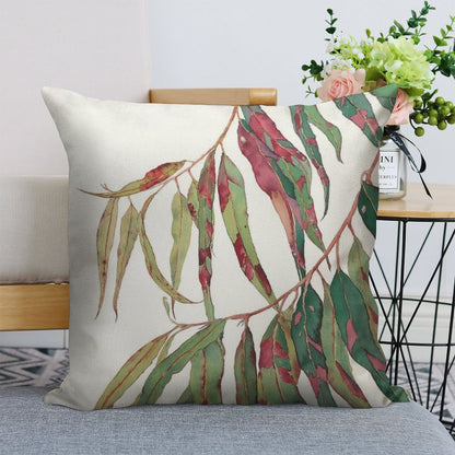 A Touch of Red - Watercolour of Eucalyptus Branch Linen Throw Pillow Cover