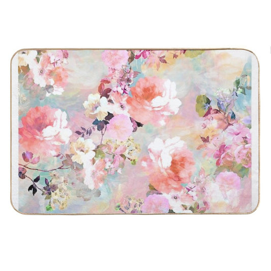 Romantic Pink Teal Watercolor Chic Floral Pattern Bath Mat