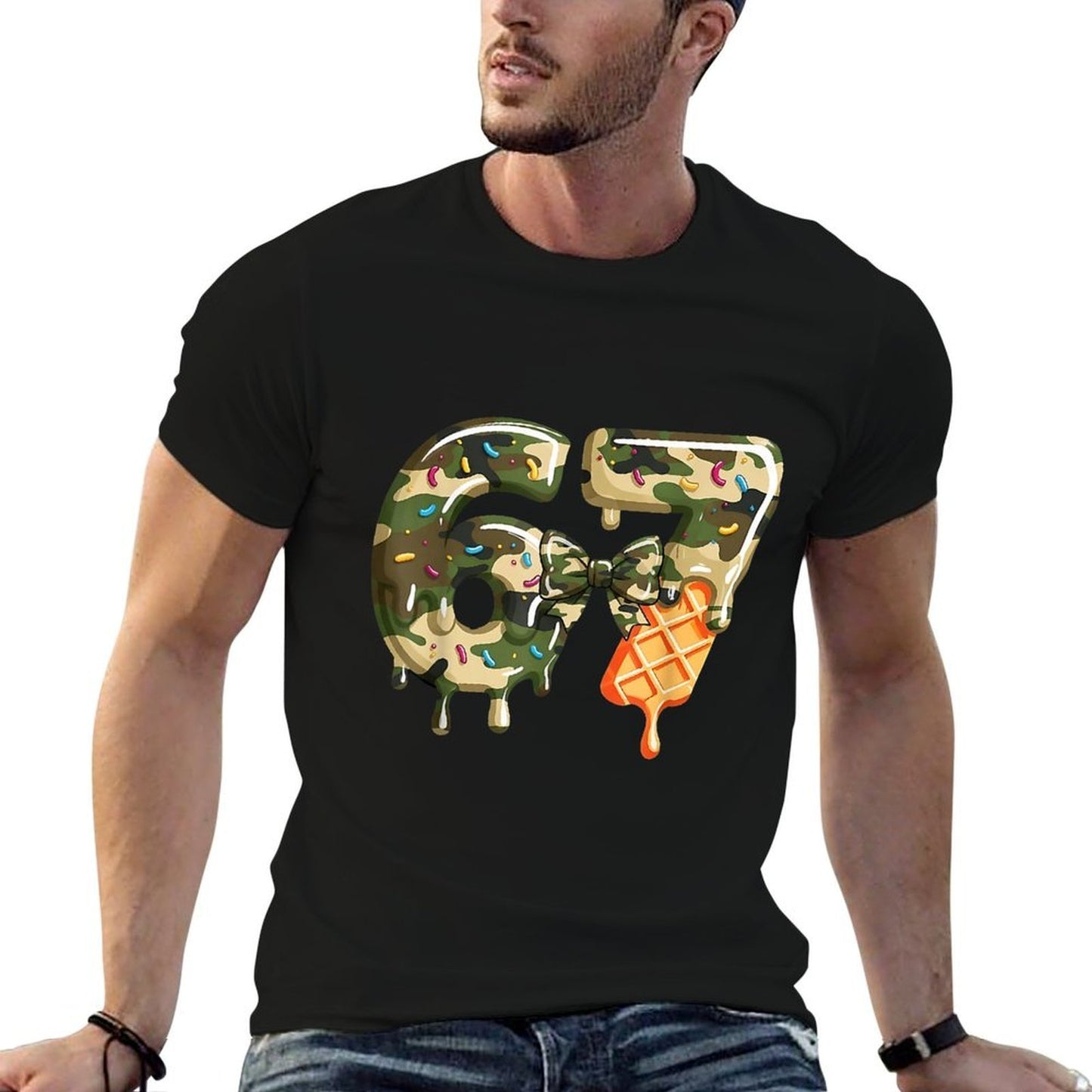 Funny 67 Ice Cream Drip Meme Six Seven Camouflage Camo  Ribbed Collar T-Shirt
