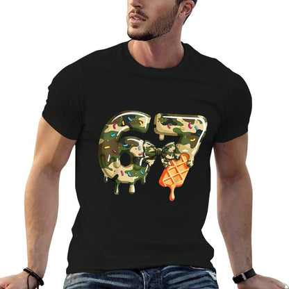 Funny 67 Ice Cream Drip Meme Six Seven Camouflage Camo  Ribbed Collar T-Shirt