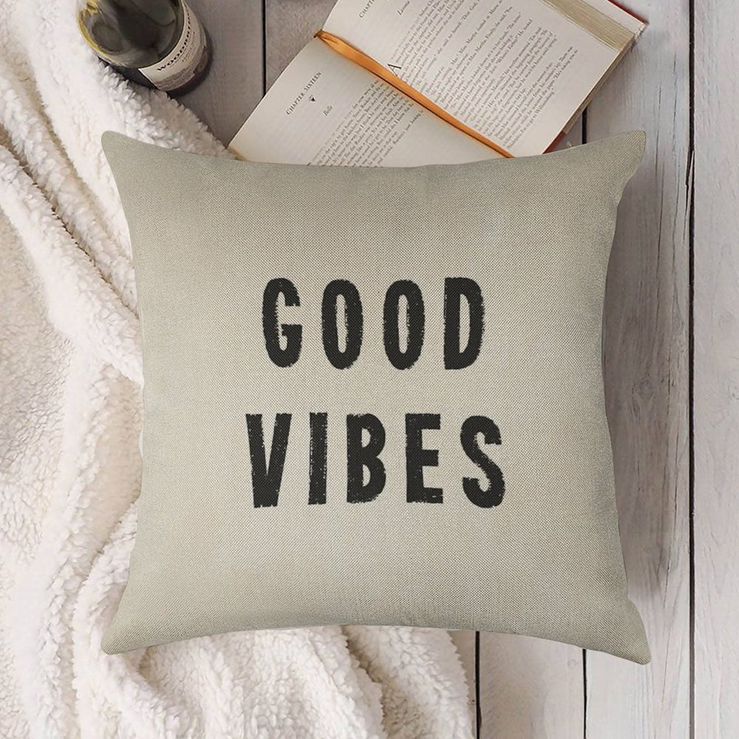 Grungy Distressed Ink Good Vibes  Black on Off-White Linen Throw Pillow Cover