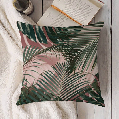 Pink Tropical Leaves Linen Throw Pillow Cover