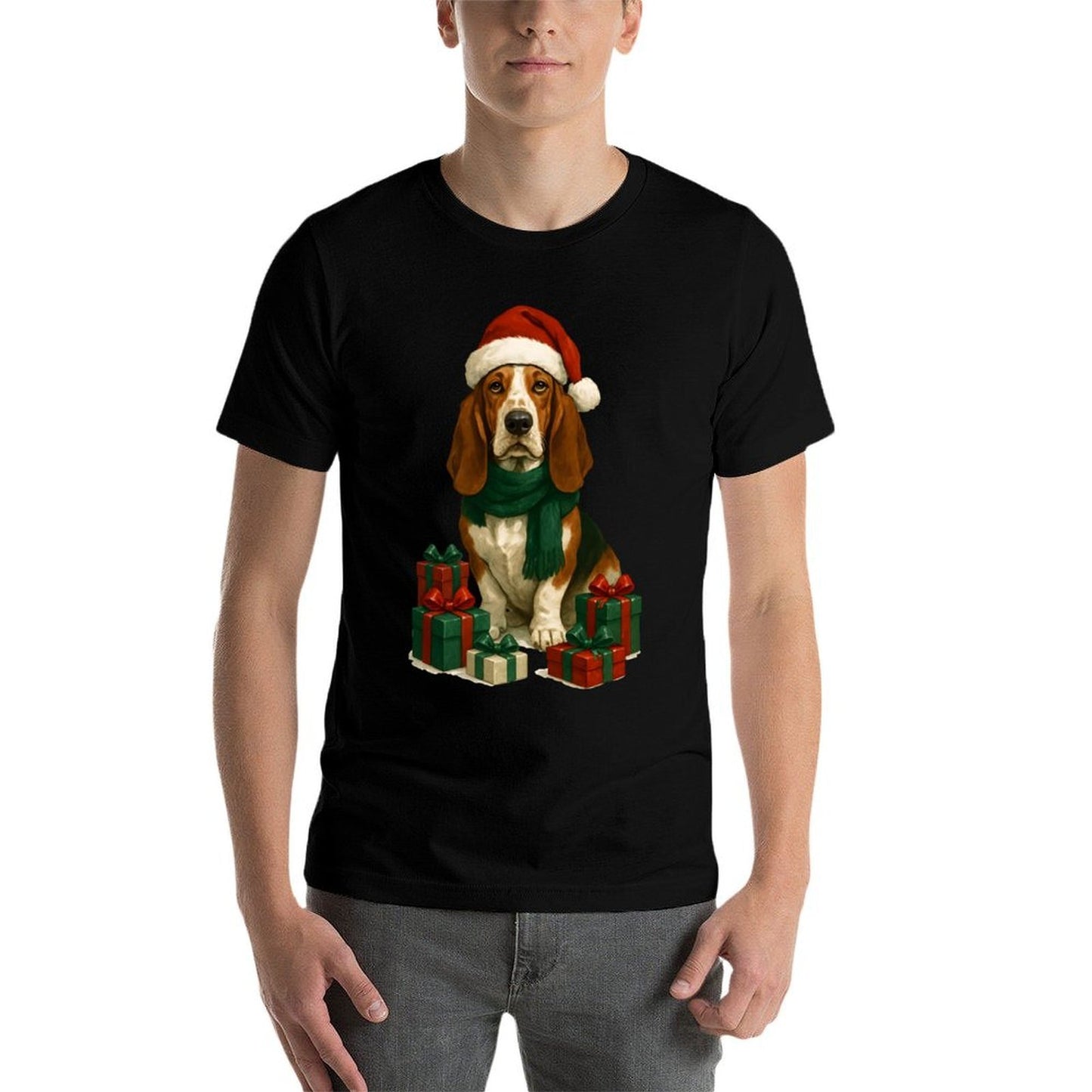 Christmas Basset Hound with Santa Claus Hat, Cute  Cotton T-Shirt
