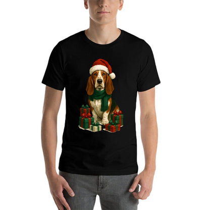 Christmas Basset Hound with Santa Claus Hat, Cute  Cotton T-Shirt