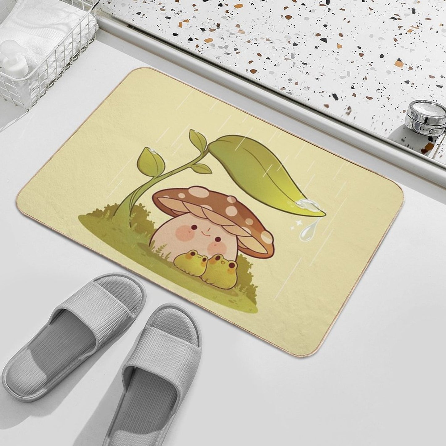 Cute Mushroom And Frogs in The Rain Bath Mat