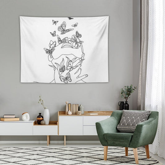 Abstract Face with Butterfly by One Line Drawing. Portrait Minimalistic Style.  Botanical Print. Nature Symbol of Cosmetics. Mod Tapestry