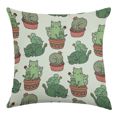 Cactus Cats Linen Throw Pillow Cover