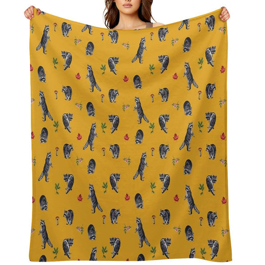 Mustard Raccoon Pattern Throw Blanket
