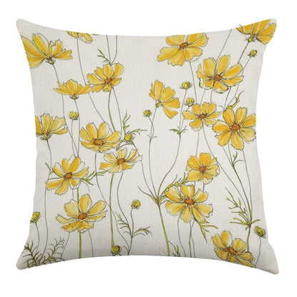 Yellow Cosmos Flowers Linen Throw Pillow Cover