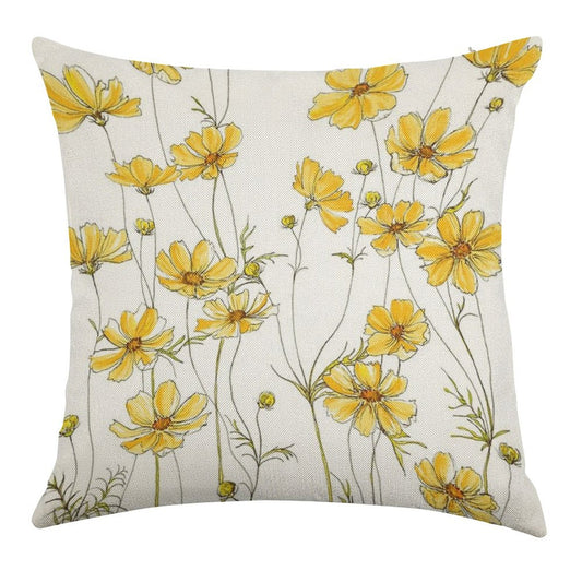 Yellow Cosmos Flowers Linen Throw Pillow Cover