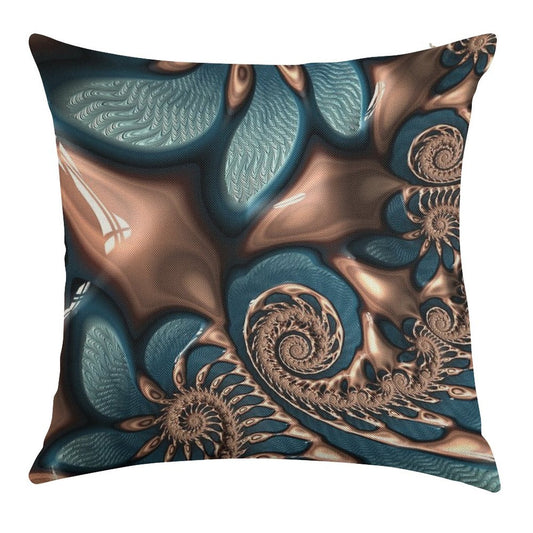 Teal And Chocolate Swirl - Blue Brown Fractal Spirals Linen Throw Pillow Cover
