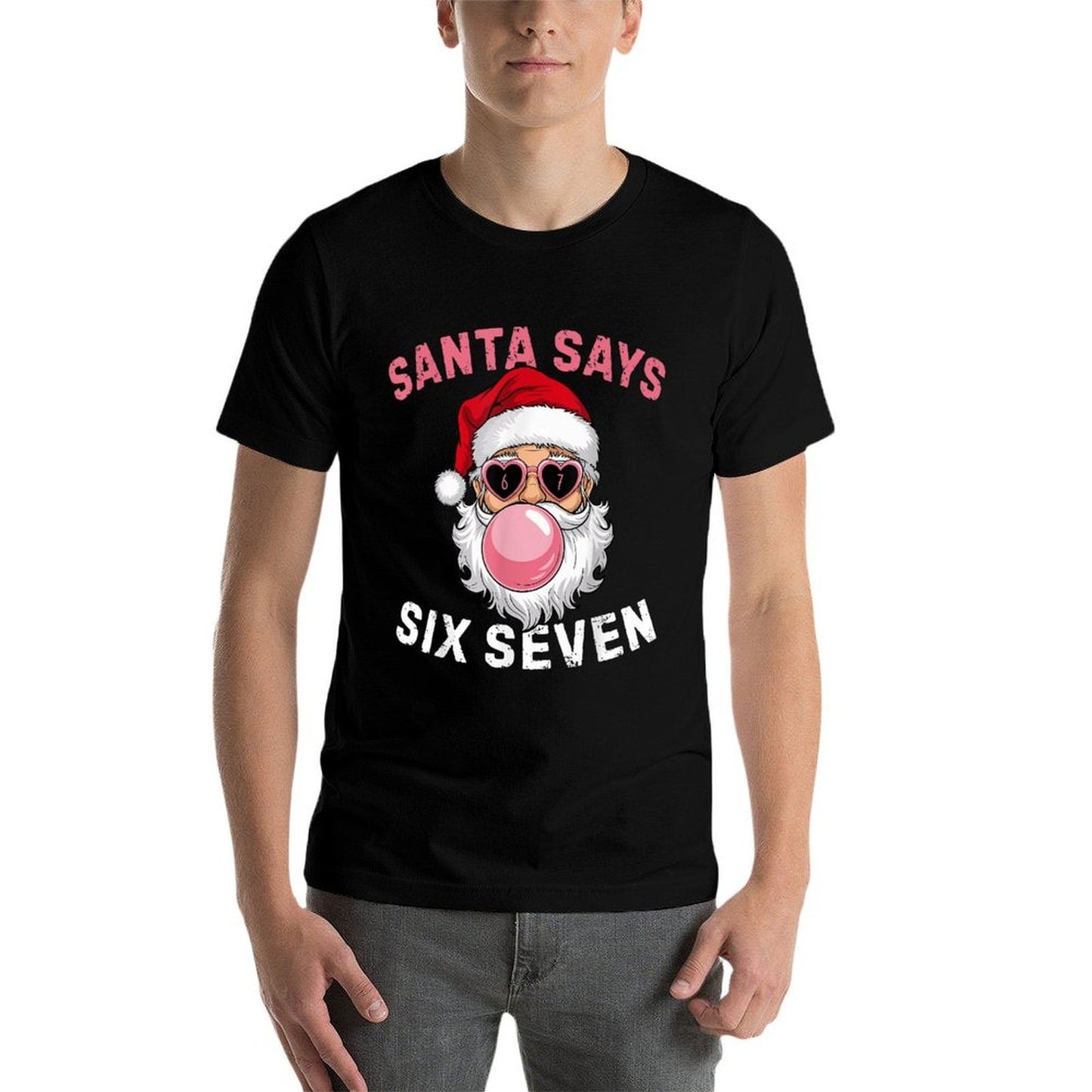 Funny Santa Blowing Bubble Gums Says Six Seven Christmas 67  Fade-proof Color T-Shirt