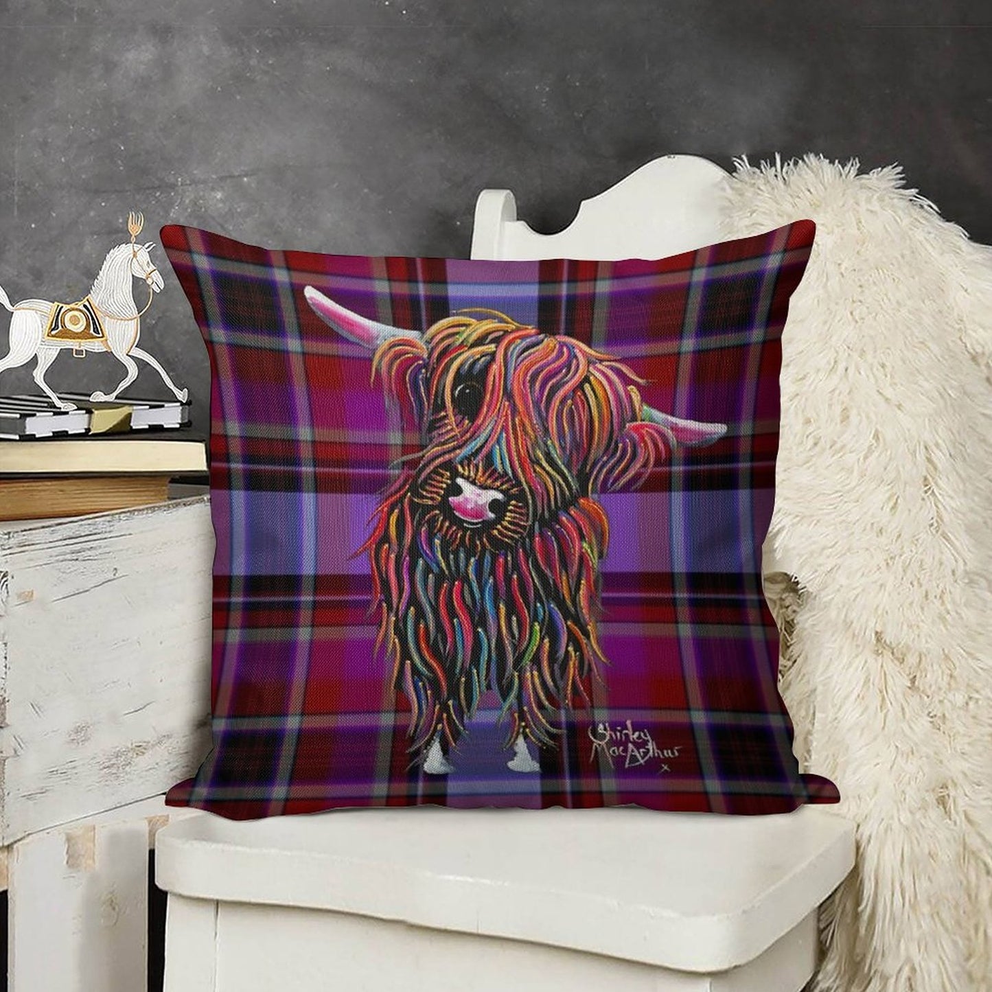 SCoTTiSH HiGHLaND CoW ' TaRTaN BoLLY P ' BY SHiRLeY MacARTHuR Linen Throw Pillow Cover