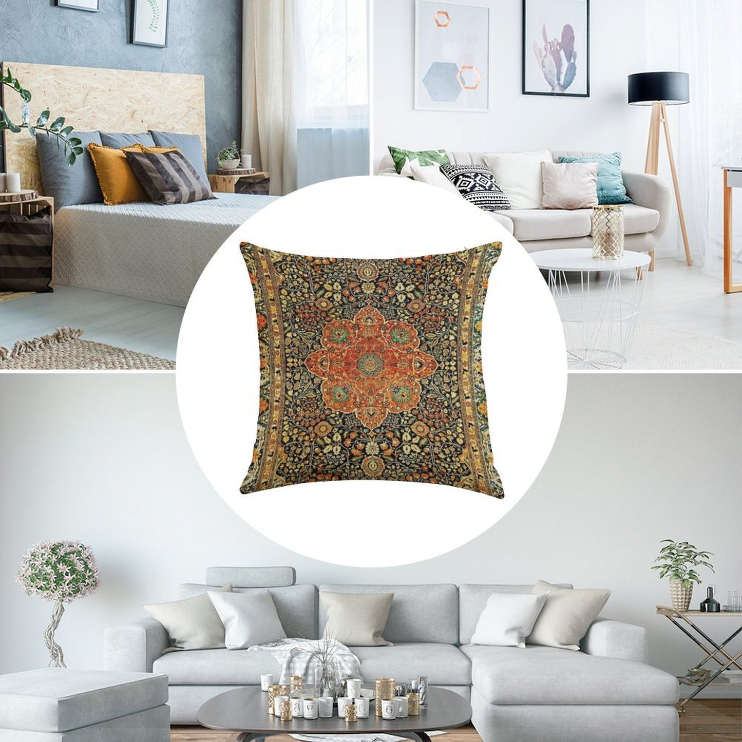 Antique Persian Mohtashem Kashan Rug Print Linen Throw Pillow Cover