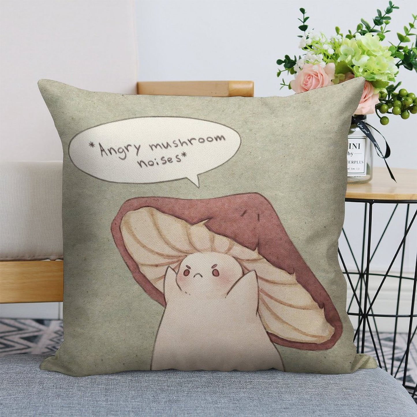 Grumpy Mushroom Linen Throw Pillow Cover