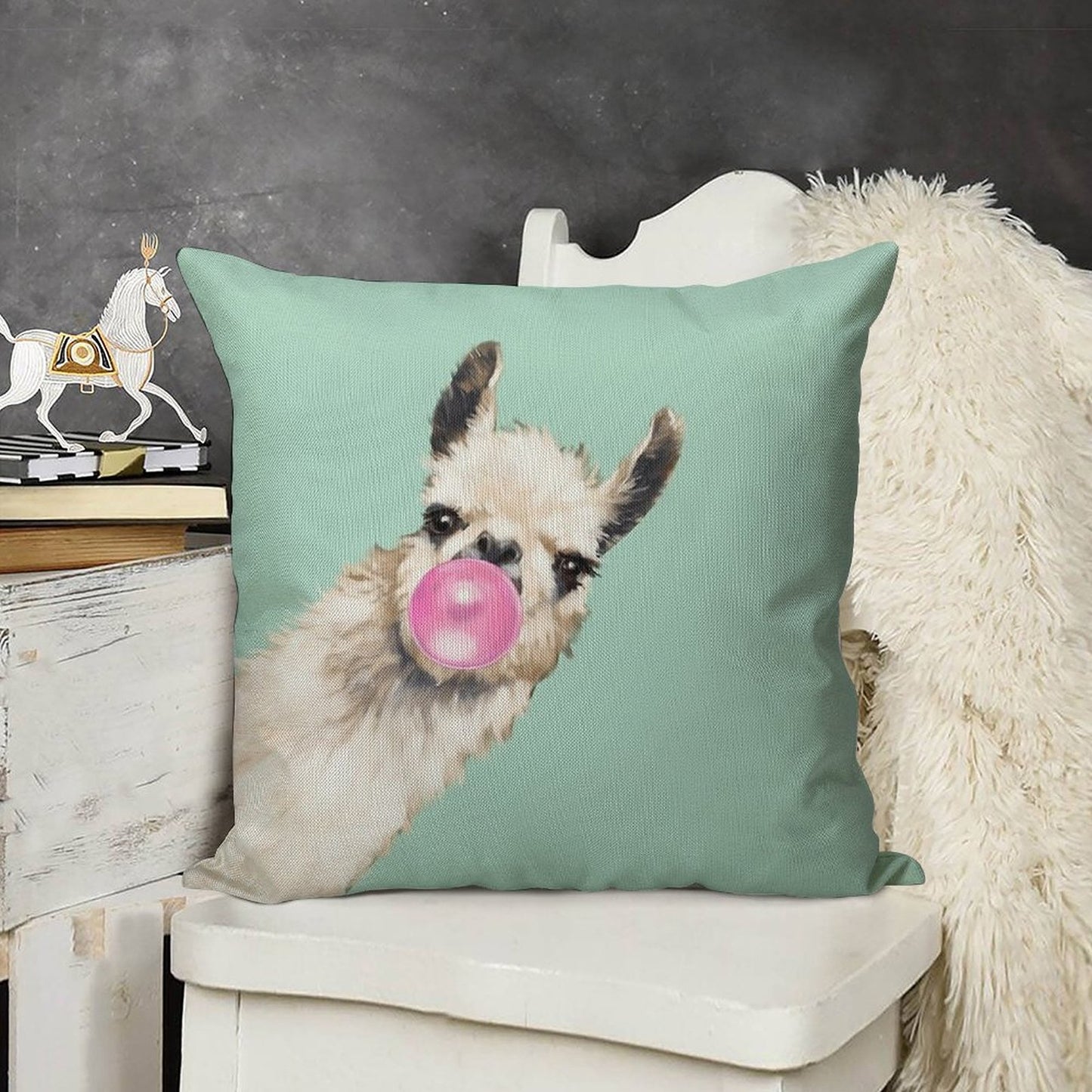 Bubble Gum Sneaky Llama in Green Linen Throw Pillow Cover