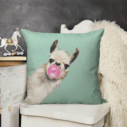 Bubble Gum Sneaky Llama in Green Linen Throw Pillow Cover