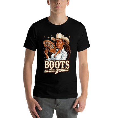 Boots On Ground Juneteenth Cowgirl Western Rodeo Black Women  Easy-care T-Shirt
