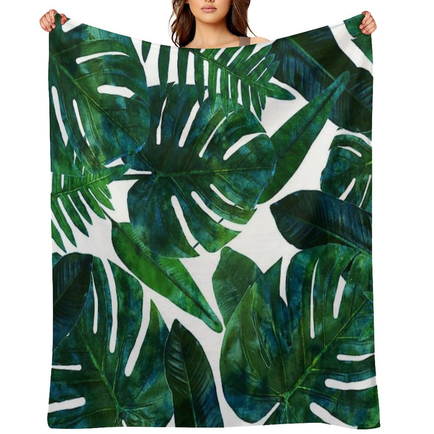 Tropical Nature Monstera Watercolor Painting, Botanical Jungle Dark Palm Illustration Throw Blanket