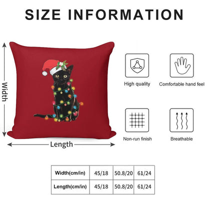 Santa Black Cat Tangled Up In Christmas Tree Lights Holiday Soft Washable Throw Pillow