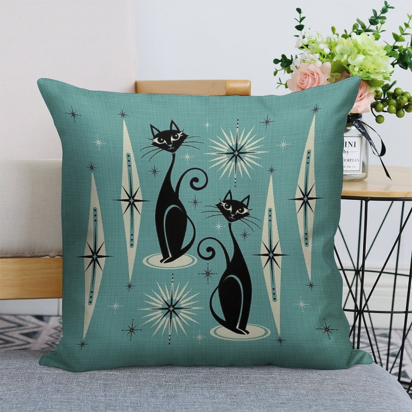 Mid Century Meow on Blue - Large Scale Linen Throw Pillow Cover
