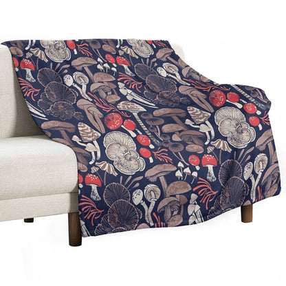 Mystical Fungi  Midnight Blue Background Brown Red And Coral Wild Mushrooms Throw Blanket