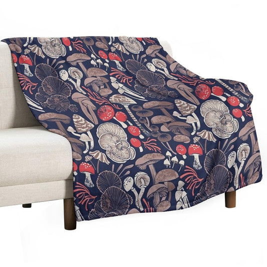 Mystical Fungi  Midnight Blue Background Brown Red And Coral Wild Mushrooms Throw Blanket