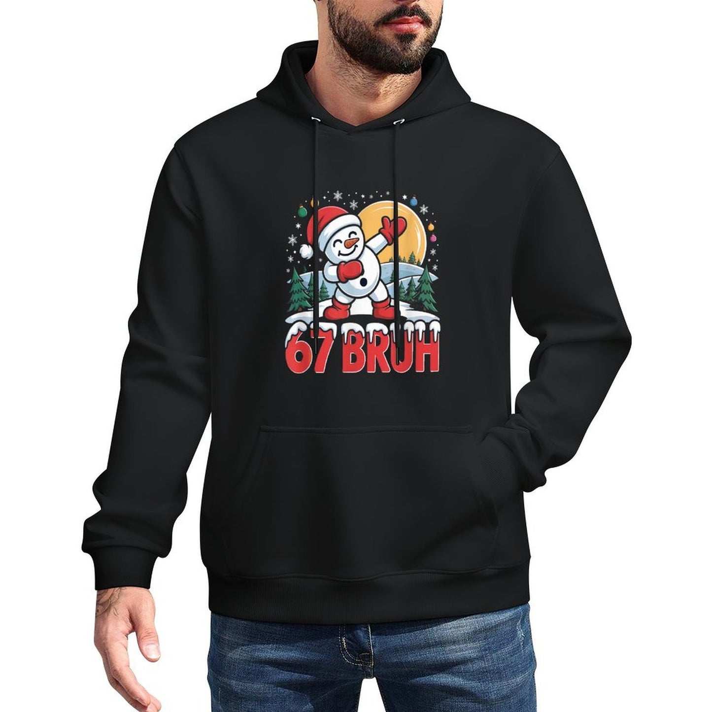 67 Bruh Funny Dabbing Snowman Santa Hat Winter Holiday Relaxed Fit Hoodie