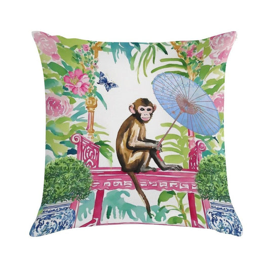 Monkey in Chinoiserie Garden Soft Washable Throw Pillow