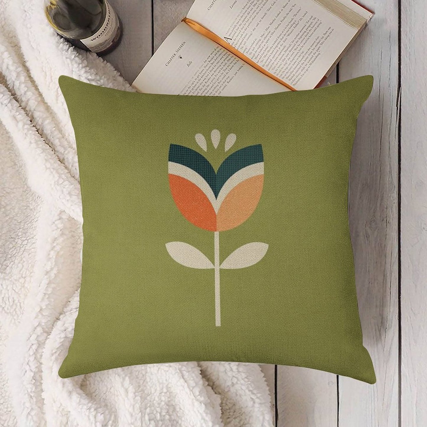 Retro Tulip - Orange And Olive Green Linen Throw Pillow Cover