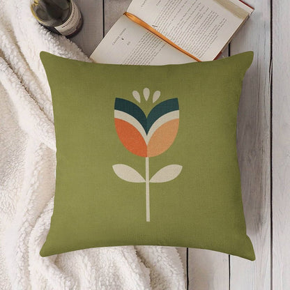 Retro Tulip - Orange And Olive Green Linen Throw Pillow Cover