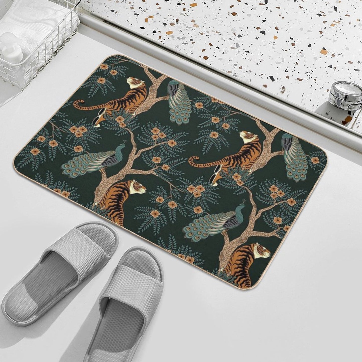 Vintage Tiger And Peacock in The Jungle Bath Mat