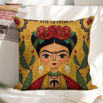 Frida Kahlo Illustration Linen Throw Pillow Cover